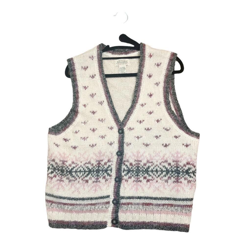 St. John's Bay Sweater Vest XL Cream Pink Fair Isle Knit Button Front V-Neck - Picture 2 of 8